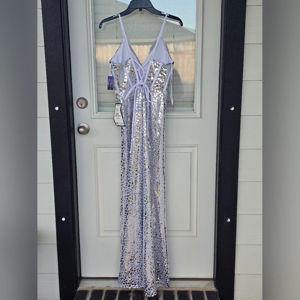 Morgan & Co Juniors' Metallic Print V-Neck Sleeveless Gown Sz 7 Silver Cocktail - Picture 15 of 16